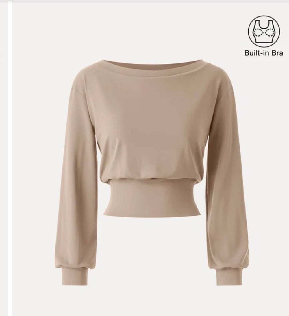 OGL Move Womens Chamois Tan Wool Blend Boatneck Built In Bra Top Size Small NWT